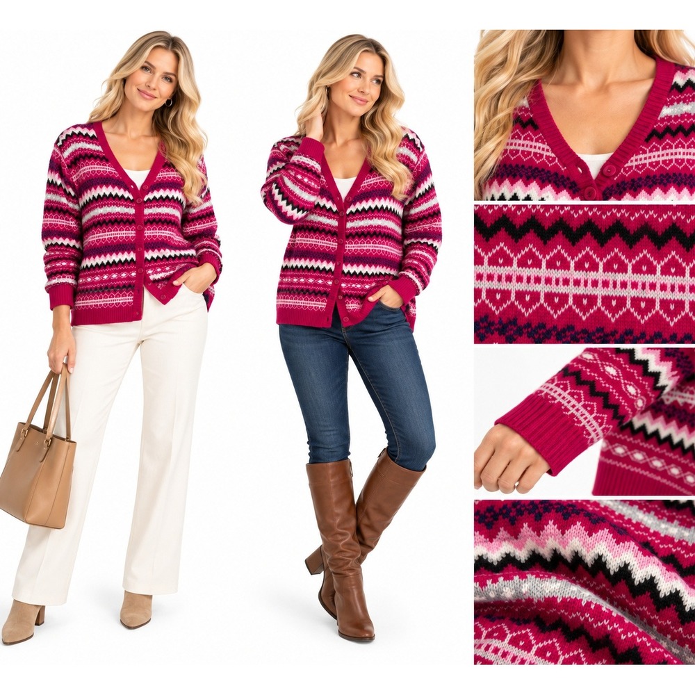Talbots 3X Cardigan Pink Fair Isle Lambswool Nordic Christmas Holiday Sweater